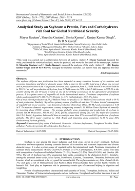 Analytical Study on Soybean: a Protein, Fats and Carbohydrates Rich Food for Global Nutritional Security