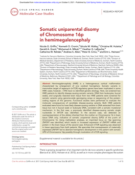 Somatic Uniparental Disomy of Chromosome 16P in Hemimegalencephaly