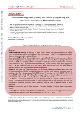 Corrosion and Scaling Potential of Drinking Water Resources of Sarayan County, Iran