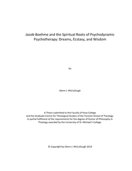 Jacob Boehme and the Spiritual Roots of Psychodynamic Psychotherapy: Dreams, Ecstasy, and Wisdom