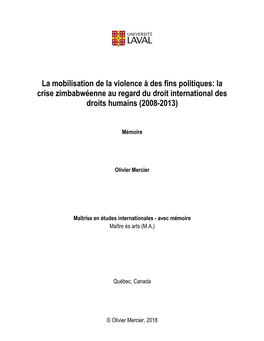 La Mobilisation De La Violence À Des Fins Politiques: La Crise Zimbabwéenne Au Regard Du Droit International Des Droits Humains (2008-2013)