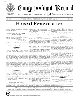 Congressional Record United States Th of America PROCEEDINGS and DEBATES of the 104 CONGRESS, FIRST SESSION