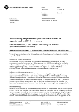 Tilbakemelding På Egenkontrollrapport for Avløpssektoren for Rapporteringsåret 2019 - Hol Kommune