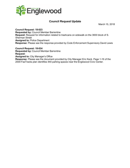 Council Request Update March 15, 2018