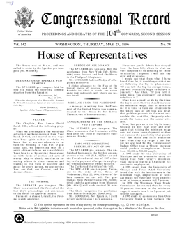 Congressional Record United States Th of America PROCEEDINGS and DEBATES of the 104 CONGRESS, SECOND SESSION