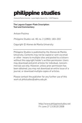 The Laguna Copper-Plate Inscription: Text and Commentary