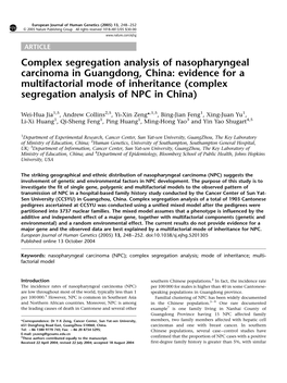 Evidence for a Multifactorial Mode of Inheritance (Complex Segregation Analysis of NPC in China)