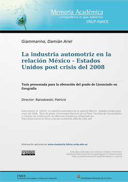 La Industria Automotriz En La Relación México - Estados Unidos Post Crisis Del 2008