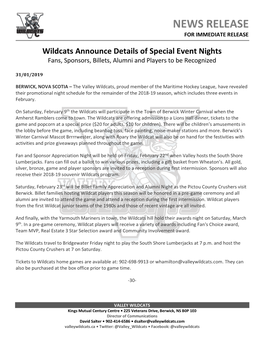 Wildcats Announce Details of Special Event Nights Fans, Sponsors, Billets, Alumni and Players to Be Recognized