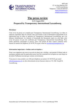 The Press Review 16-31 August 2014 Prepared by Transparency International Luxembourg