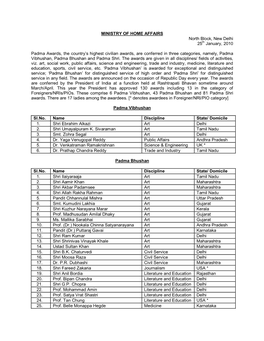 MINISTRY of HOME AFFAIRS North Block, New Delhi 25Th January, 2010