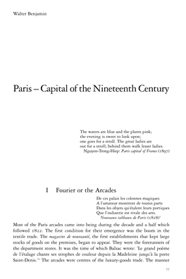 Benjamin, “Paris — Capital of the Nineteenth Century”