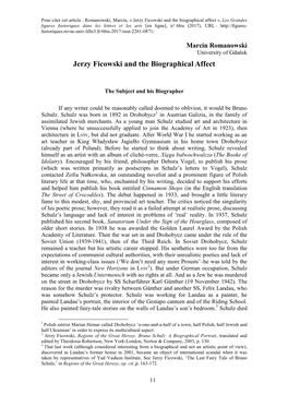 Jerzy Ficowski and the Biographical Affect