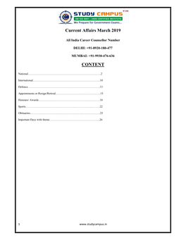 Current Affairs March 2019 CONTENT