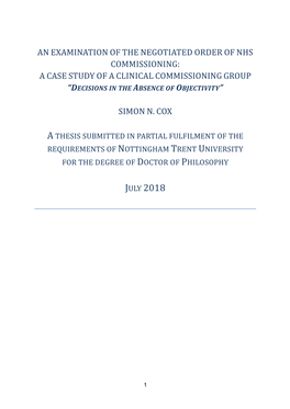 An Examination of the Negotiated Order of Nhs Commissioning: a Case Study of a Clinical Commissioning Group “Decisions in the Absence of Objectivity”