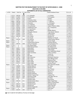 WRITTEN TEST for RECRUITMENT to the POST of SISTER GRADE-II – 2008 HELD on 21-09-2008 ALPHABETIC LIST of ALL CANDIDATES A/P/R Batch Roll No