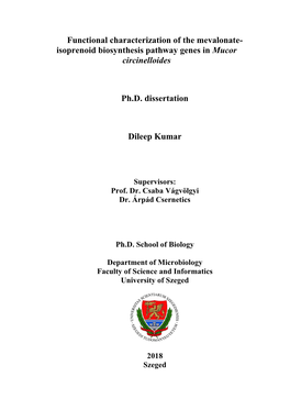 Functional Characterization of the Mevalonate- Isoprenoid Biosynthesis Pathway Genes in Mucor Circinelloides Ph.D. Dissertation