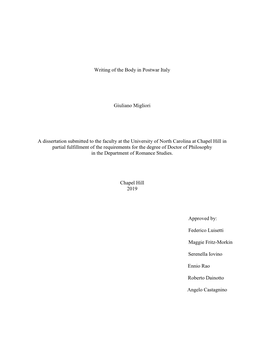 Writing of the Body in Postwar Italy Giuliano Migliori a Dissertation