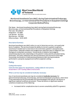 Monitored Anesthesia Care (MAC) During Gastrointestinal Endoscopy, Bronchoscopy, Or Interventional Pain Procedures in Outpatient Settings Corporate Medical Policy