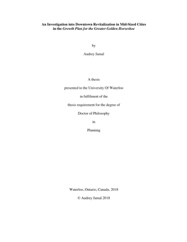 An Investigation Into Downtown Revitalization in Mid-Sized Cities in the Growth Plan for the Greater Golden Horseshoe