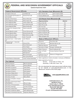 FEDERAL and WISCONSIN GOVERNMENT OFFICIALS Updated September 2021