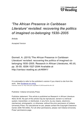 The African Presence in Caribbean Literature' Revisited: Recovering the Politics of Imagined Co-Belonging 1930–2005