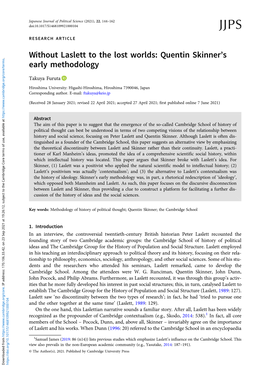 Without Laslett to the Lost Worlds: Quentin Skinner's Early Methodology