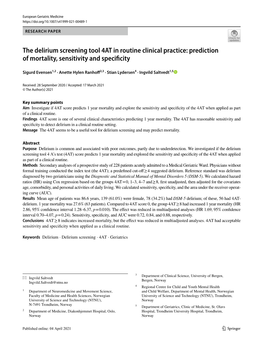 The Delirium Screening Tool 4AT in Routine Clinical Practice: Prediction of Mortality, Sensitivity and Specifcity