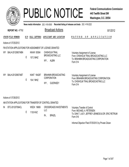 Broadcast Actions 8/1/2012