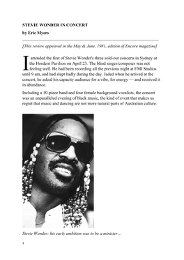 STEVIE WONDER in CONCERT by Eric Myers ______[This Review Appeared in the May & June, 1981, Edition of Encore Magazine]