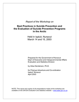 Report of the Workshop on Best Practices in Suicide Prevention And