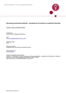 Reviewing Colchicaceae Alkaloids – Perspectives of Evolution on Medicinal Chemistry