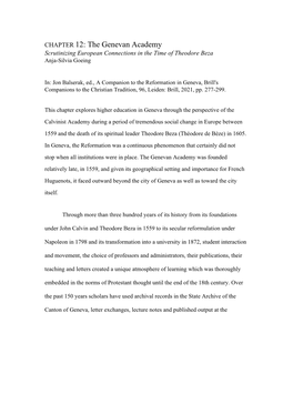 CHAPTER 12: the Genevan Academy Scrutinizing European Connections in the Time of Theodore Beza Anja-Silvia Goeing