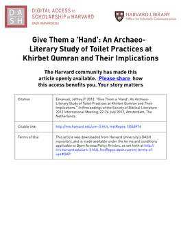 'Hand': an Archaeo- Literary Study of Toilet Practices at Khirbet Qumran and Their Implications