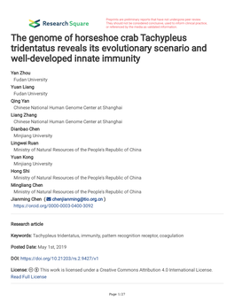 The Genome of Horseshoe Crab Tachypleus Tridentatus Reveals Its Evolutionary Scenario and Well-Developed Innate Immunity