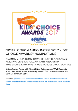 Nickelodeon Announces "2017 Kids' Choice