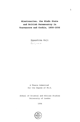 Missionaries, the Hindu State and British Paramountcy in Travancore and Cochin, 1858-1936