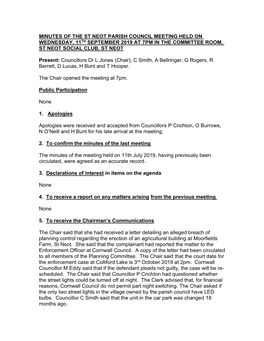 Minutes of the St Neot Parish Council Meeting Held on Wednesday, 11Th September 2019 at 7Pm in the Committee Room, St Neot Social Club, St Neot