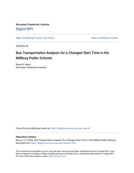 Bus Transportation Analysis for a Changed Start Time in the Millbury Public Schools