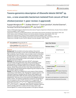 Taxono-Genomics Description of Olsenella Lakotia SW165T Sp. Nov., a New Anaerobic Bacterium Isolated from Cecum of Feral Chicken [Version 1; Peer Review: 2 Approved]