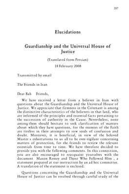 Elucidations Guardianship and the Universal House of Justice