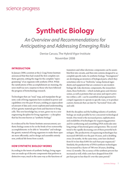 Synthetic Biology an Overview and Recommendations for Anticipating and Addressing Emerging Risks