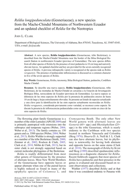 Reldia Longipedunculata (Gesneriaceae), a New Species from the Mache-Chindul Mountains of Northwestern Ecuador and an Updated Checklist of Reldia for the Neotropics