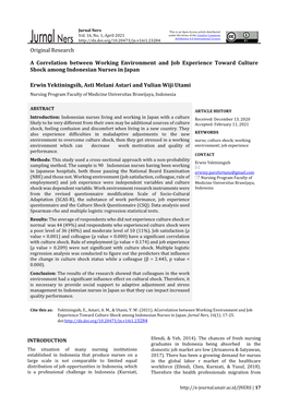 Original Research a Correlation Between Working Environment and Job Experience Toward Culture Shock Among Indonesian Nurses in J