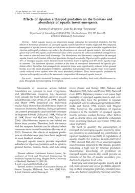 Effects of Riparian Arthropod Predation on the Biomass and Abundance of Aquatic Insect Emergence