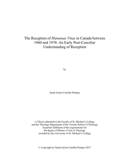 Humanae Vitae in Canada Between 1960 and 1978: an Early Post-Conciliar Understanding of Reception