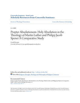 Holy Absolution in the Theology of Martin Luther and Philipp Jacob Spener a Comparative Study Gerald Krispin Concordia Seminary, St