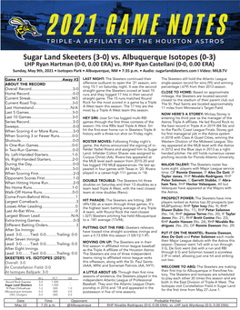 Sugar Land Skeeters (3-0) Vs. Albuquerque Isotopes (0-3) LHP Ryan Hartman (0-0, 0.00 ERA) Vs
