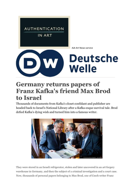 Germany Returns Papers of Franz Kafka's Friend Max Brod to Israel