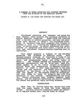 A SUMMARY of KNOWN PARASITES and DISEASES RECORDED from the AVIFAUNA of the HAWAIIAN ISLANDS Sandra G